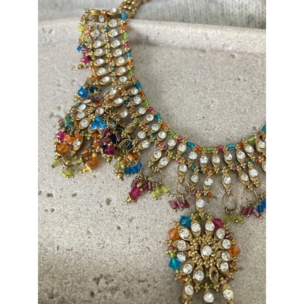 Gold Tone Rhinestone Bib Necklace‎ Multicolor Beaded Dangle Bollywood Bling